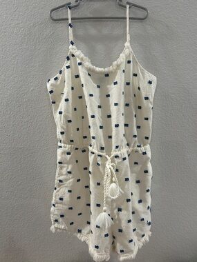Aerie White Tassel Romper with Navy Dot Embroidery